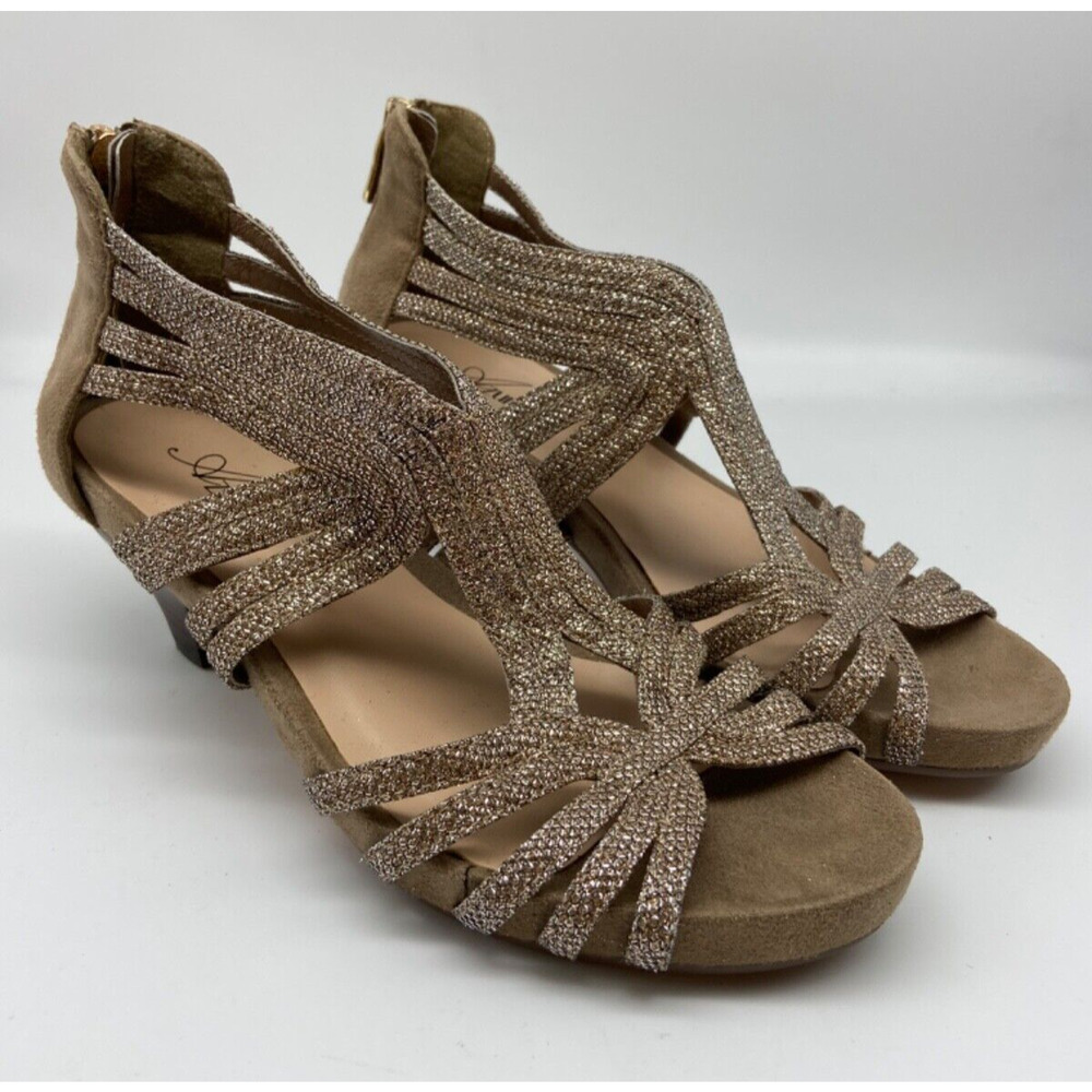 Azura Sandals Womens Sz 7.5 Gold Glitter Straps Heels‎ Zip Heel